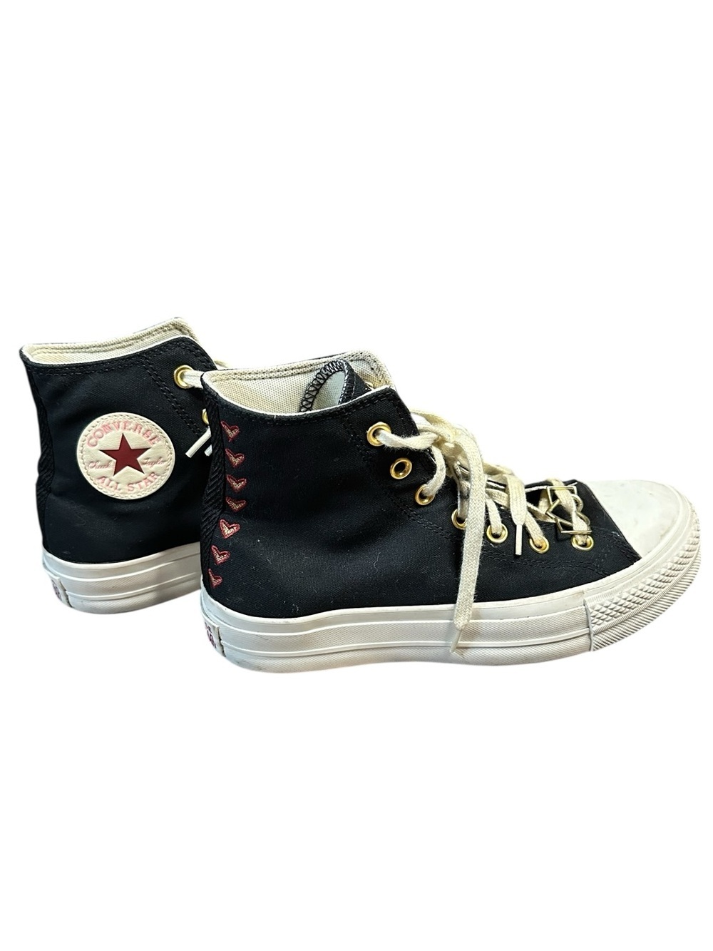 Converse Black High-Top Sneakers with Cream Laces and Pink Heart Detail